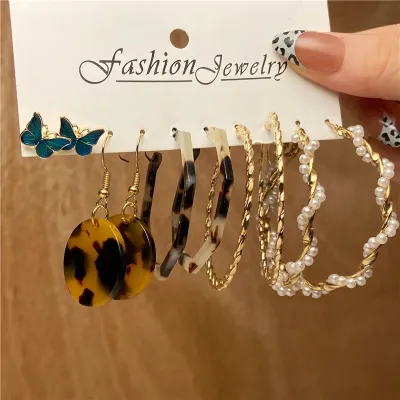 Colorful Pearl Butterfly Leopard Hoop Earrings Set (5 pairs)